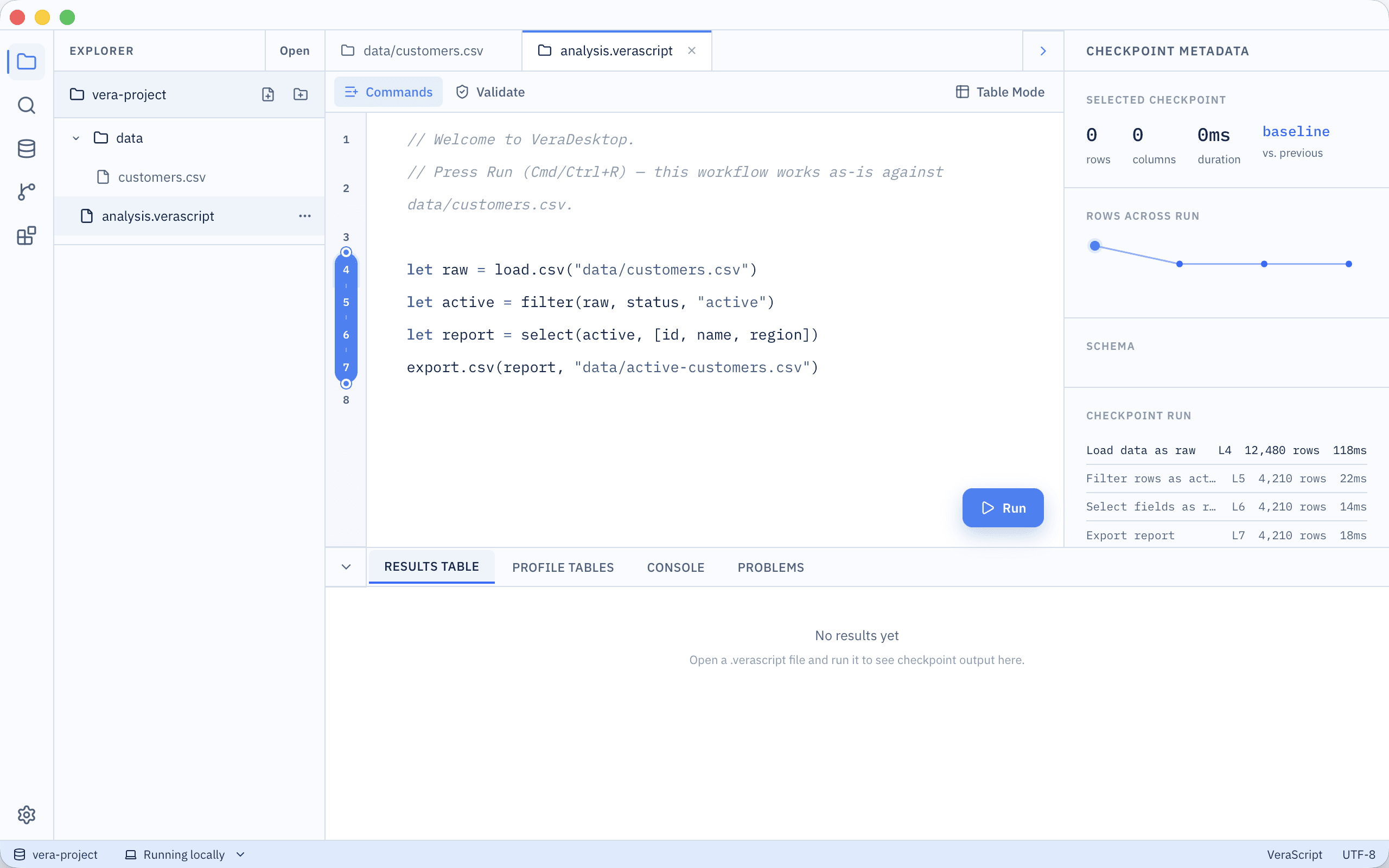 VeraTracer Desktop showing the explorer, VeraScript editor with a checkpoint range selected in the gutter, and the checkpoint metadata inspector